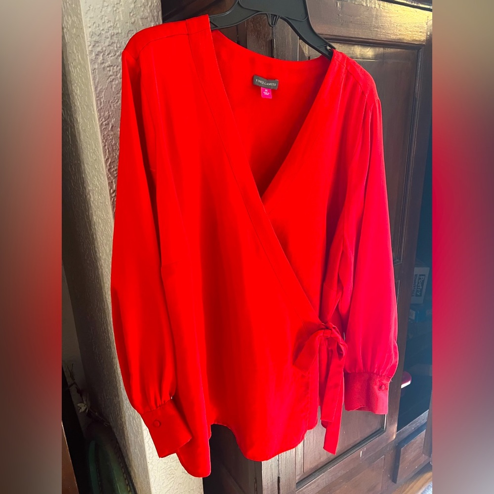 Vibrant, sexy Vince Camuto wrap blouse in crimson, 2X